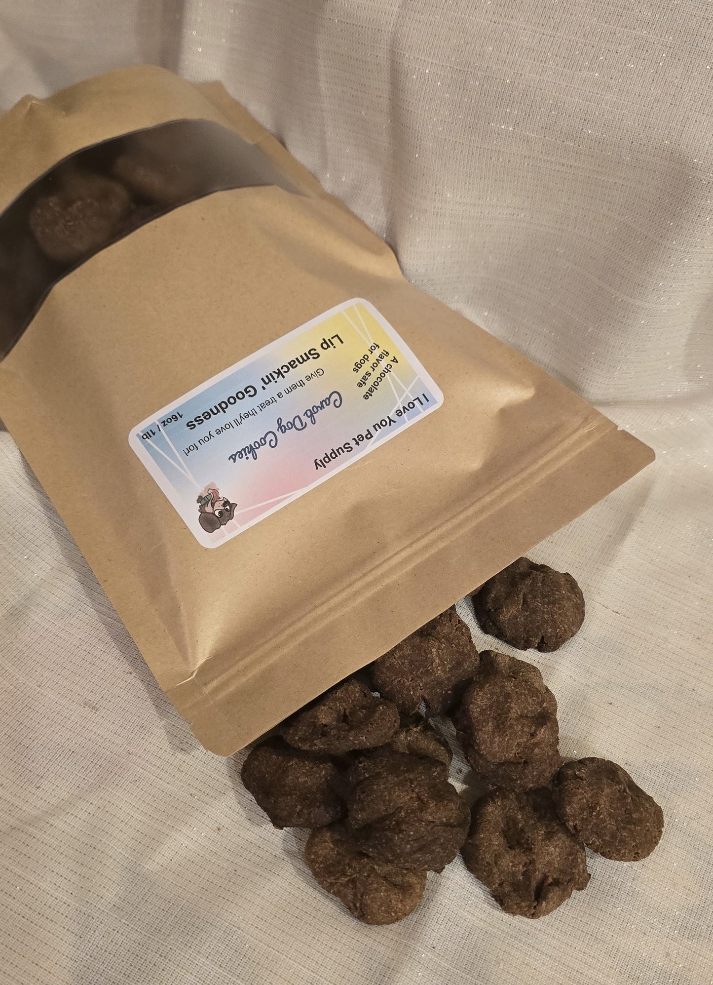yummy Carob dog cookies come is two sizes and the perfect bite size treat for any dog.