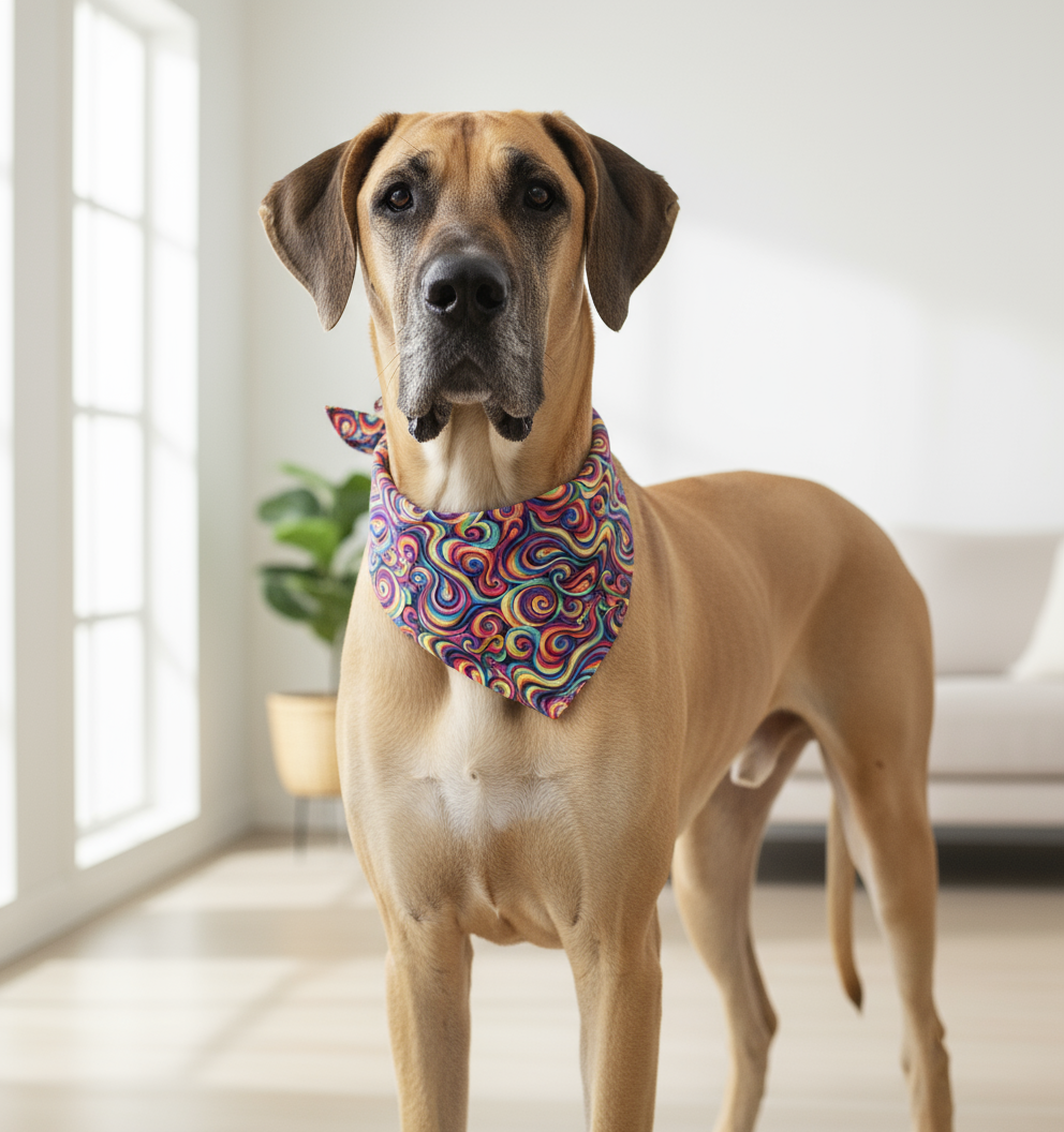 Great Dane wearing rainbow swirl bandana