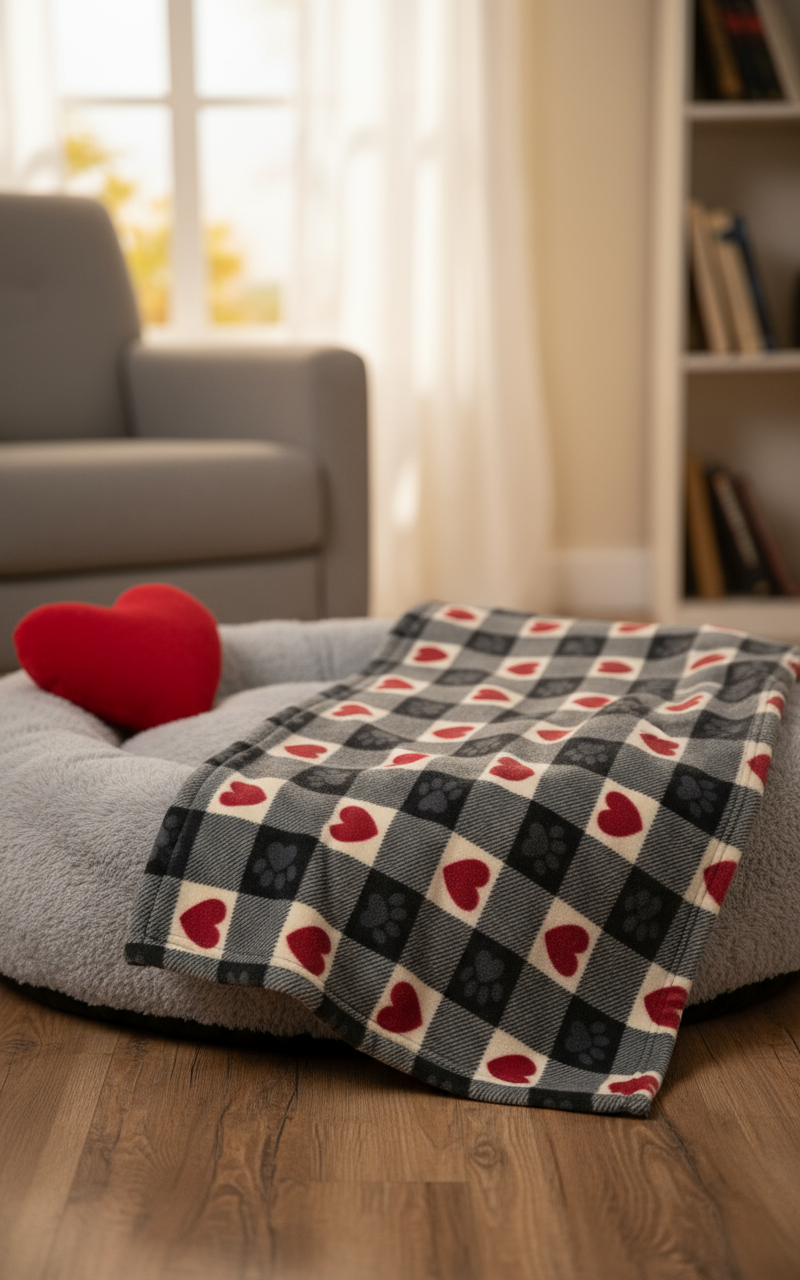 Red heart doggie blanket on dog bed