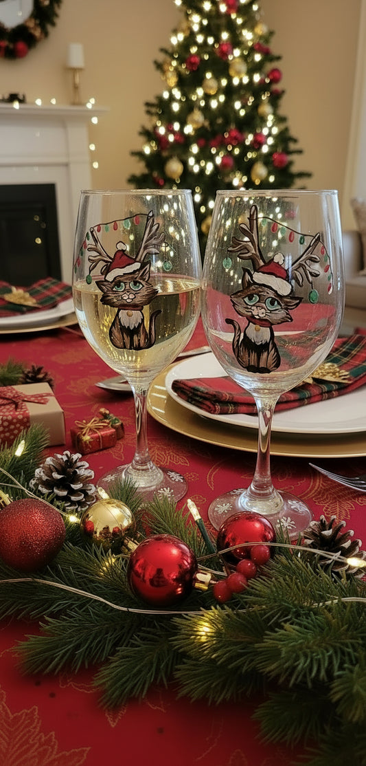 Christmas kittens painted on stemmed wine glasses.