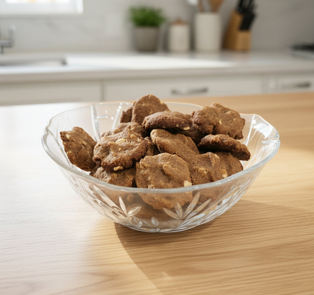 Healthy and delicious peanut butter dog cookies created in a home kitchen made for dogs of all kinds. Always made with real ingredients, no artificial flavors here.