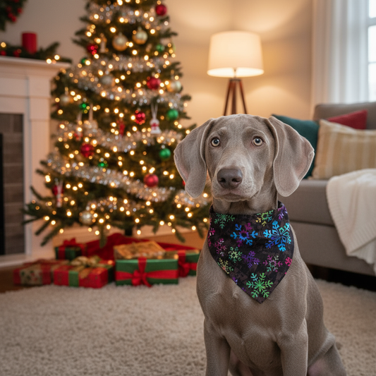 Blue Weimaraner puppy with snowflake bandana by Christmas tree