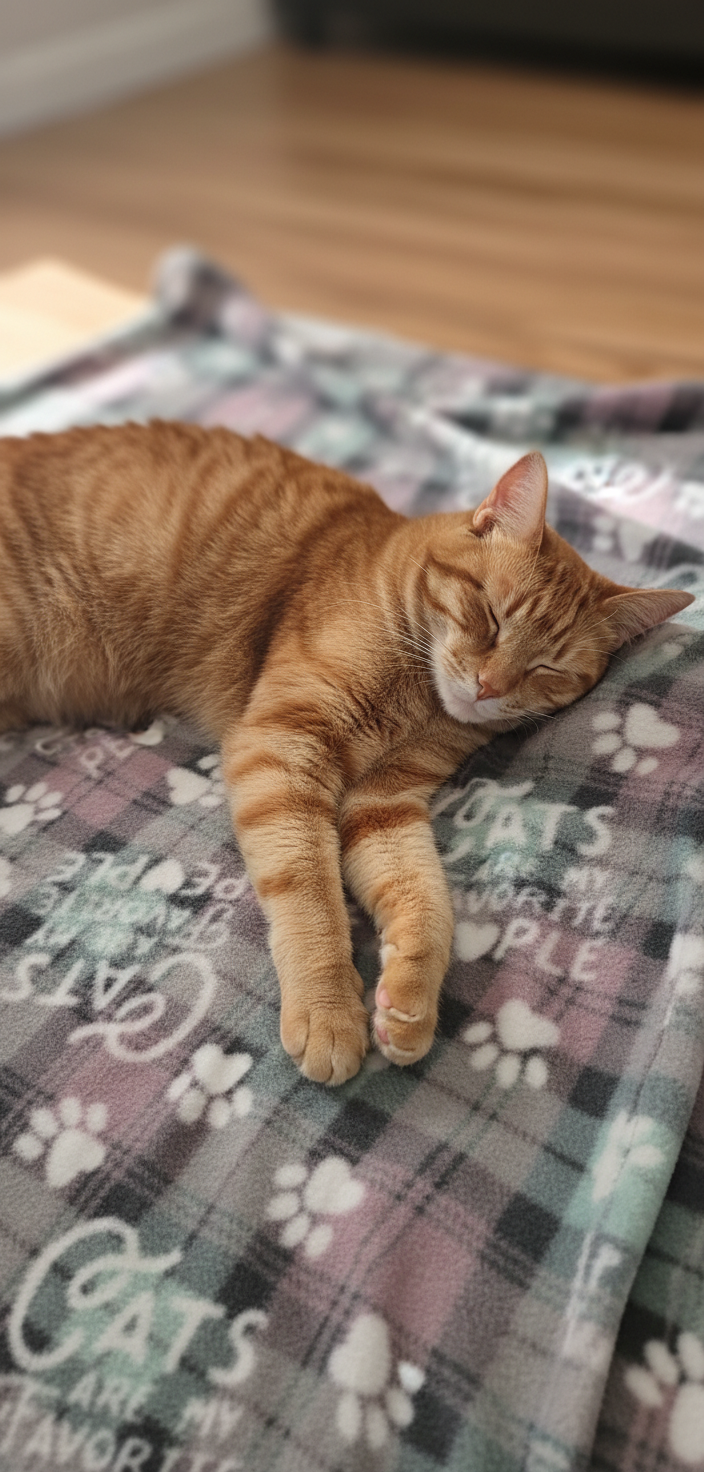 Cat lounging on plaid blanket
