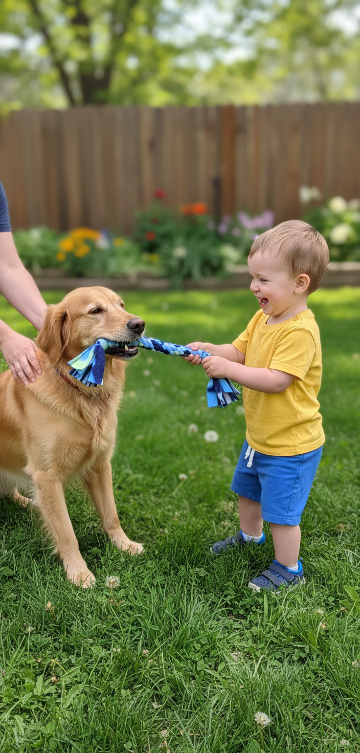 Child playing with dog and fleece pull toy