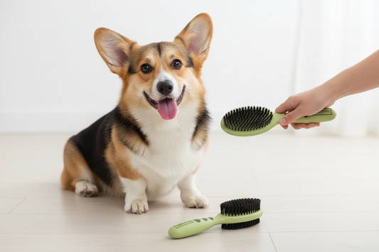 Corgi with safari bristle brush