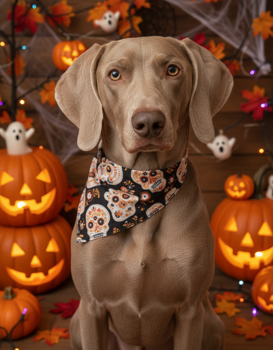 Dog with skull print bandana in Halloween background