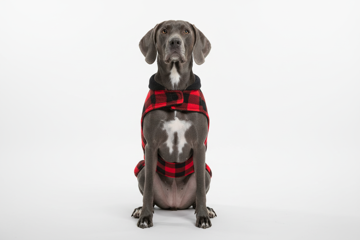 Gray dog wearing red and black buffalo plaid back-only jacket