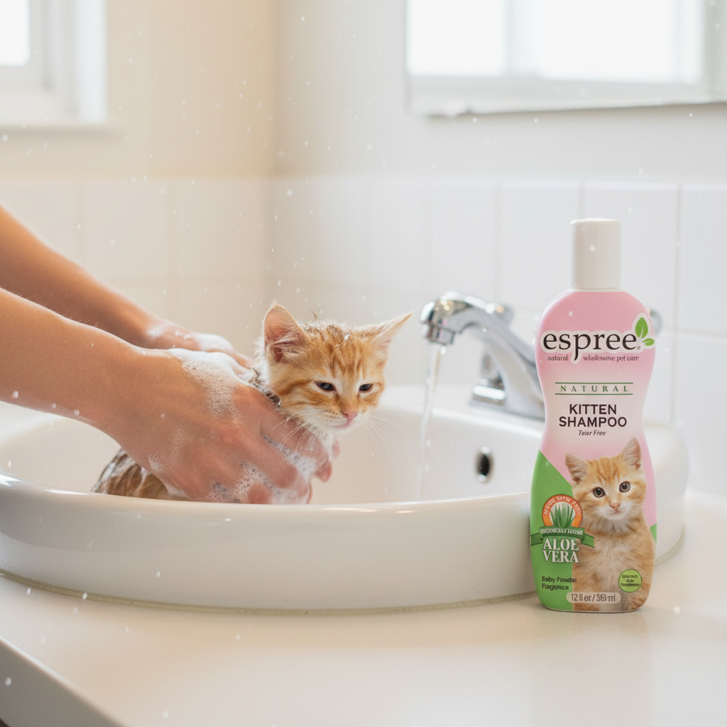 Kitten being bathed with Espree Kitten Shampoo