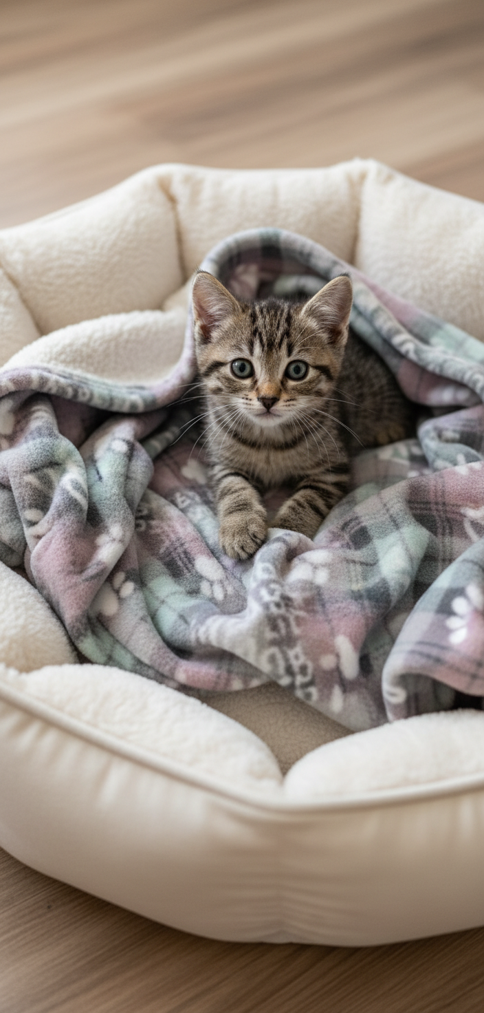 Kitten in cat bed with draped blanket
