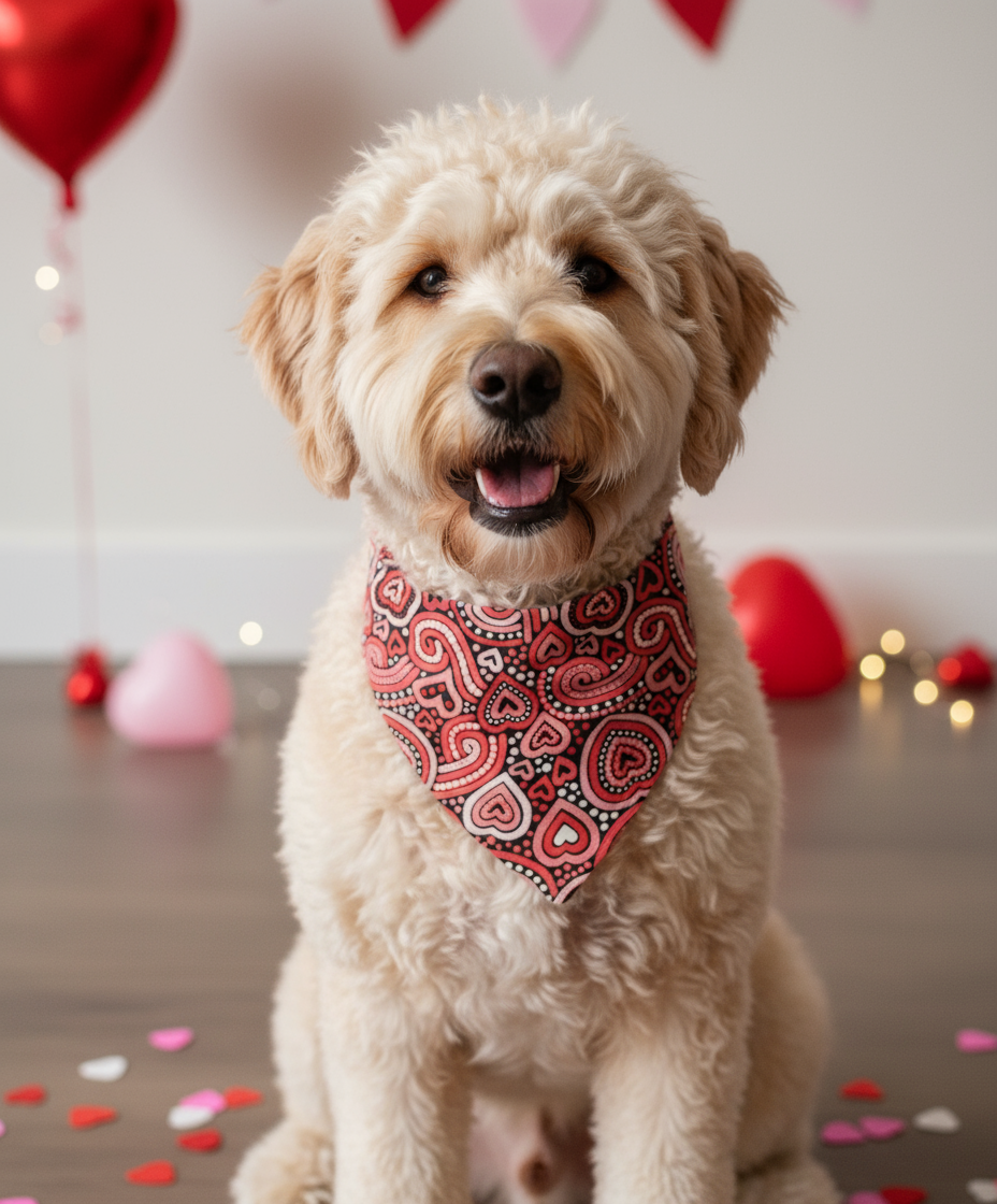 Labradoodle wearing black and red hearts Valentine's bandana