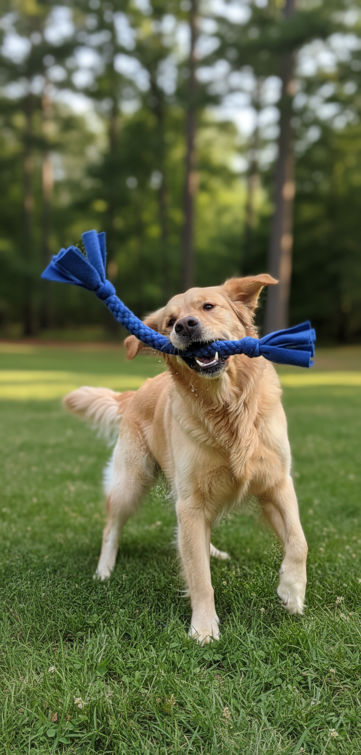 Large dog thrashing with fleece pull toy