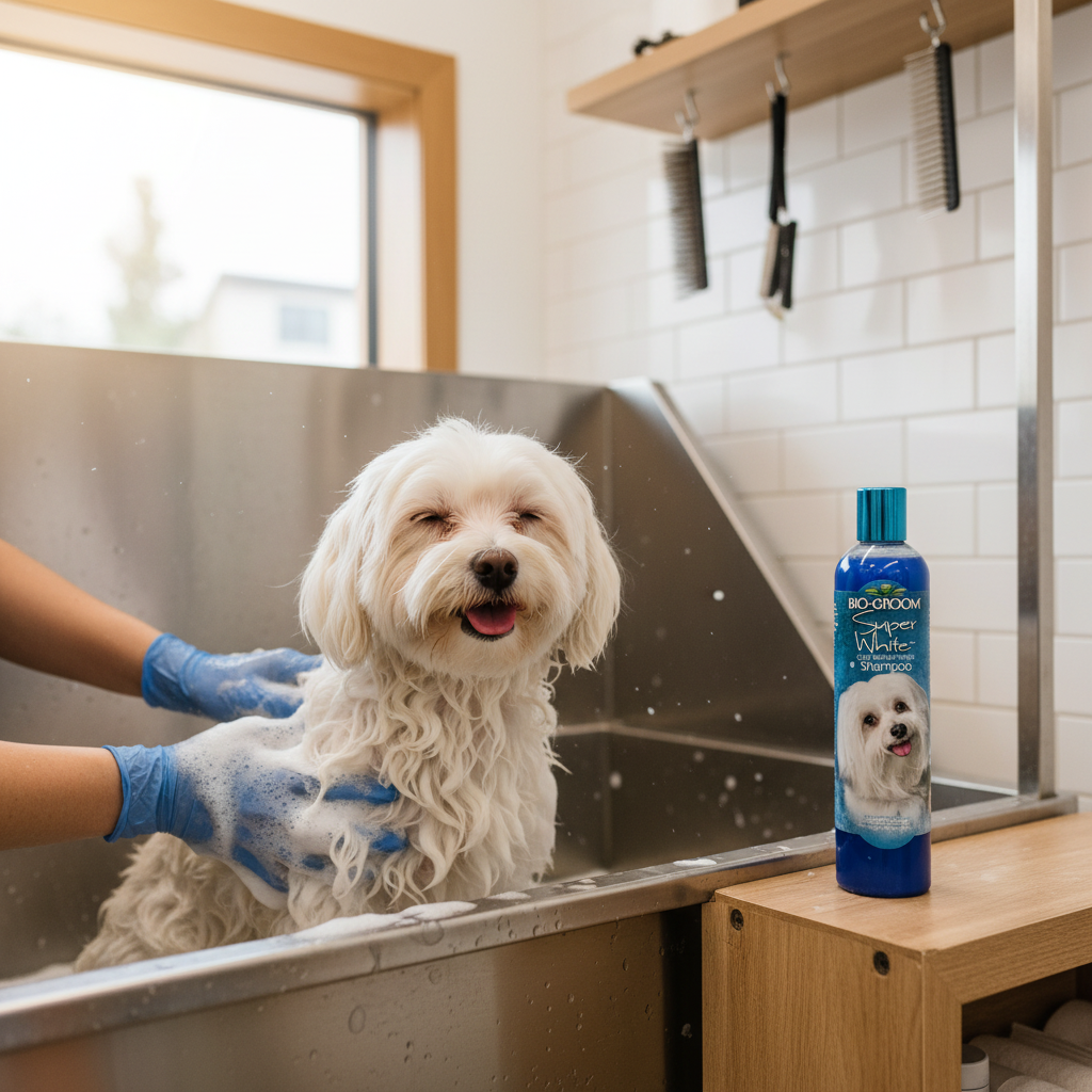 Maltese dog being groomed with Bio Groom Super White Shampoo
