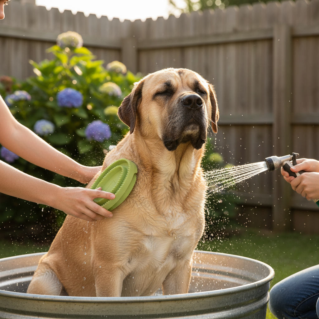Mastiff being groomed with Safari Rubber Curry Brush