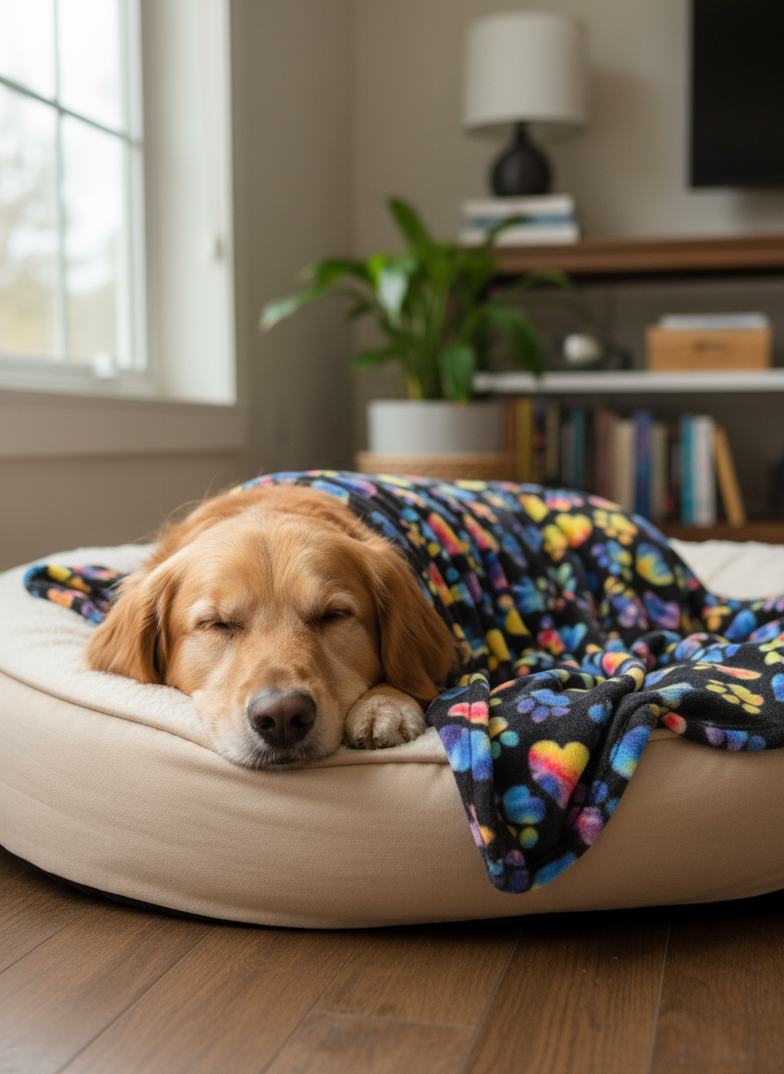 Multicolor blanket with dog on dog bed