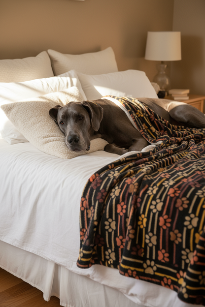 Orange and gold paw print blanket with Great Dane on bed