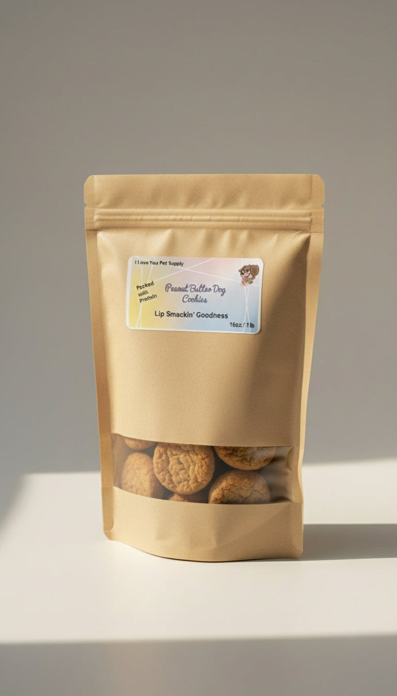 Super tasty peanut butter dog cookies come in a heat sealed bag for freshness and safety.