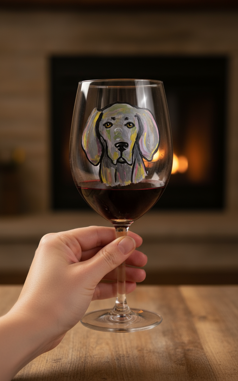 Person holding Weimaraner wine glass