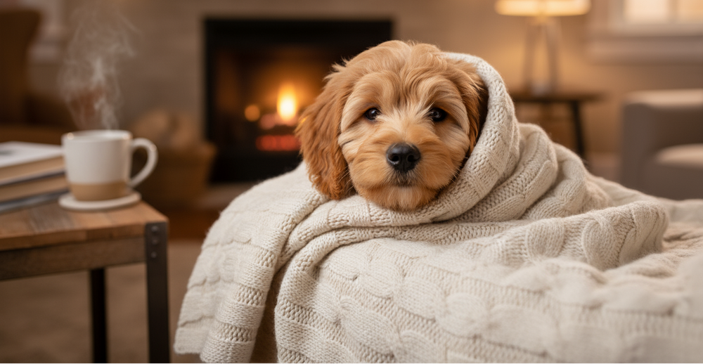 picture of dog rolled up in a blanket