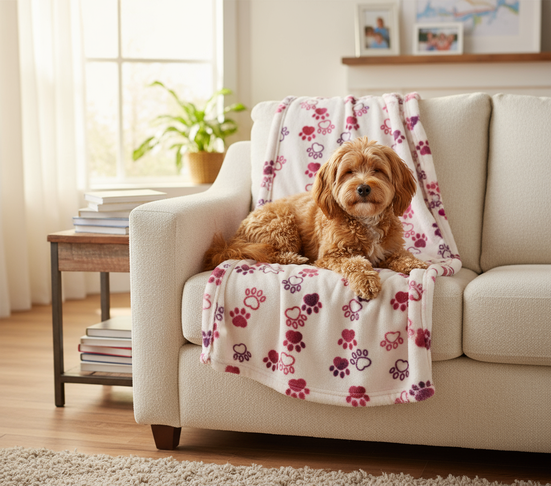 Pink and purple paw print blanket on couch with dog