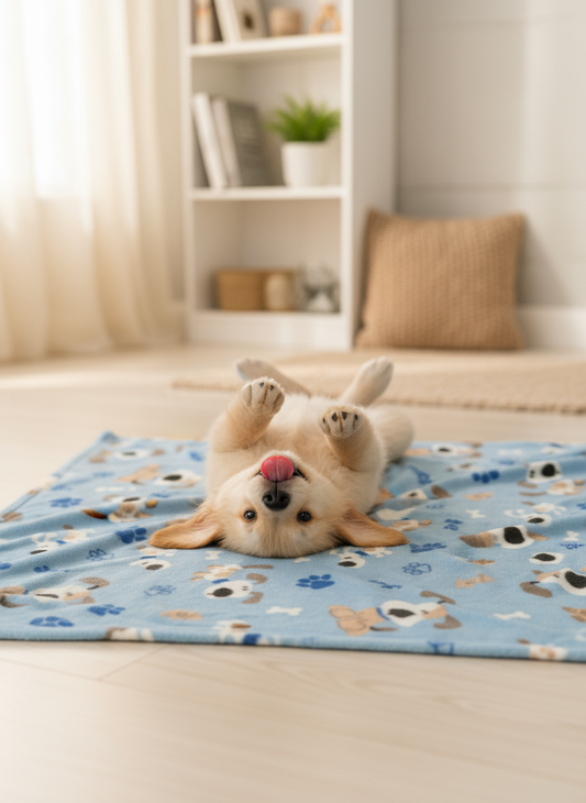 Puppy print blanket with puppy on floor