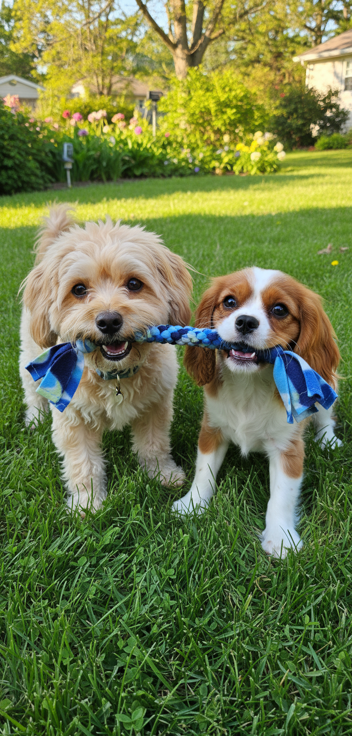 Two small dogs playing with fleece pull toy