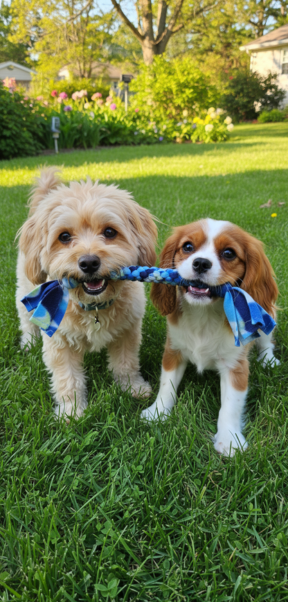 Two small dogs playing with fleece pull toy