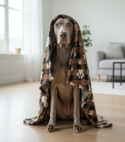 Weimaraner with brown plaid blanket - lighter version